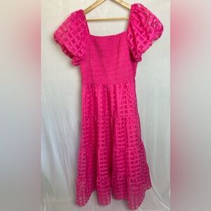 Hot Pink Smocked Midi Dress with Puff Sleeves - Size 2x